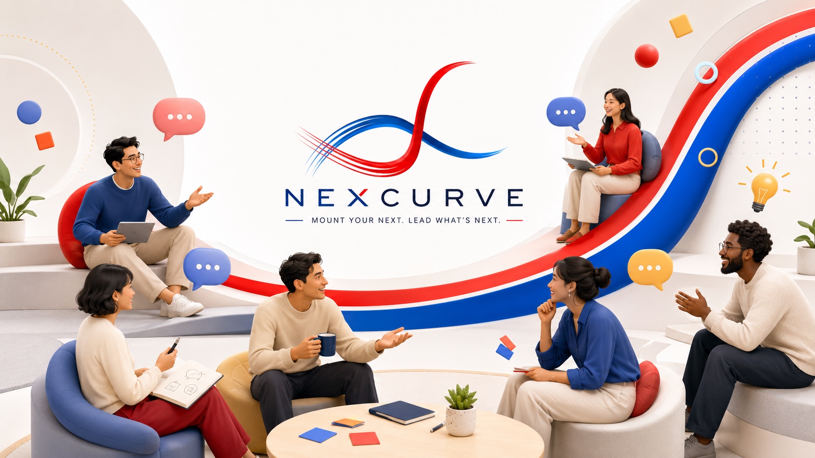 Illustration of people in conversation around the NexCurve Learning Circle